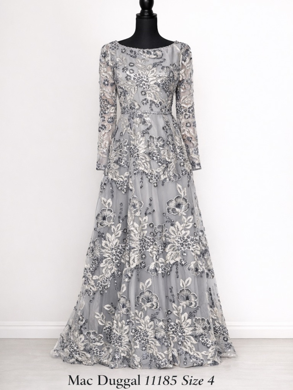 Mac Duggal Silver and Gray Floral Sequin Long Sleeve Evening Gown